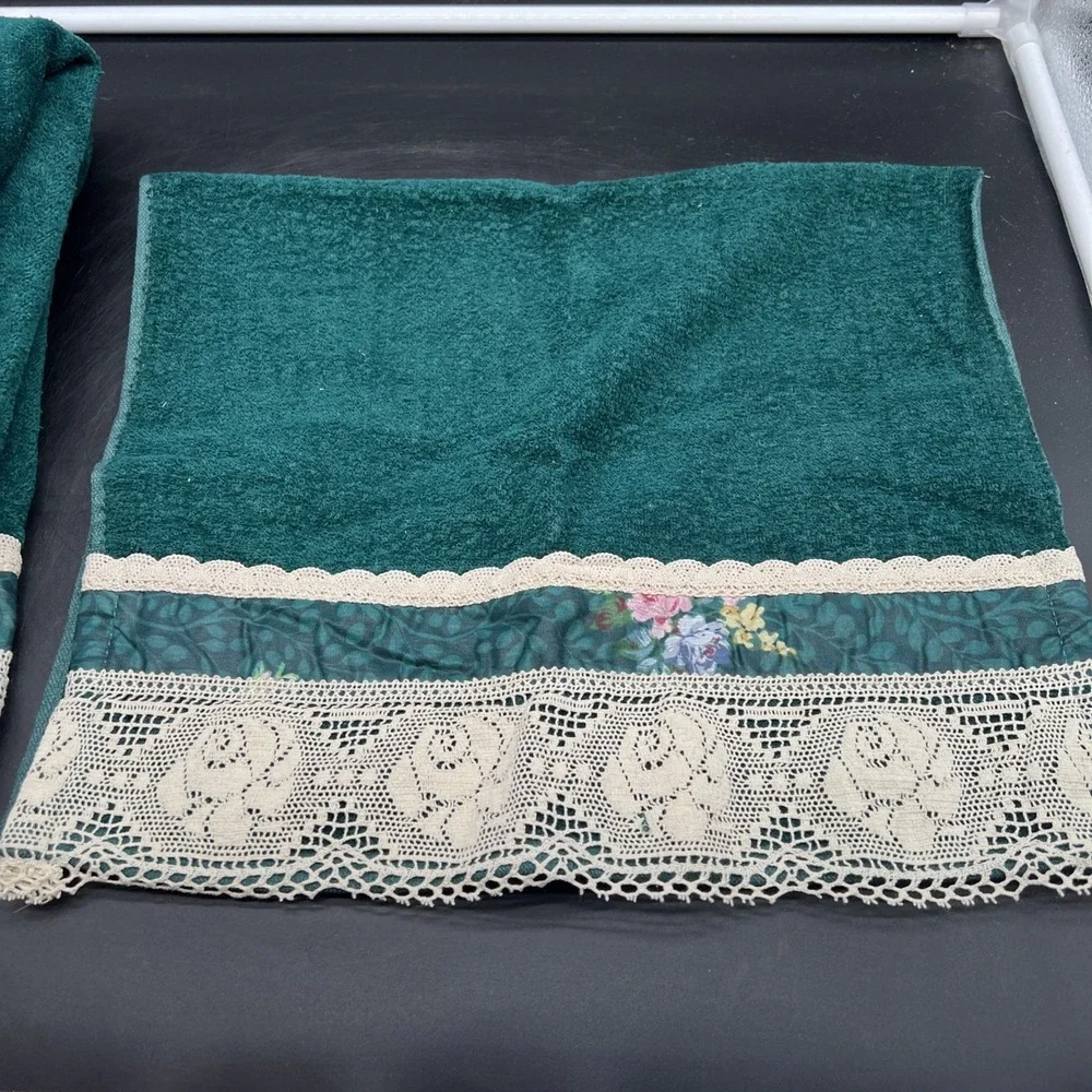 Vintage Green Floral Lace Towel Set Bath Hand Washcloth